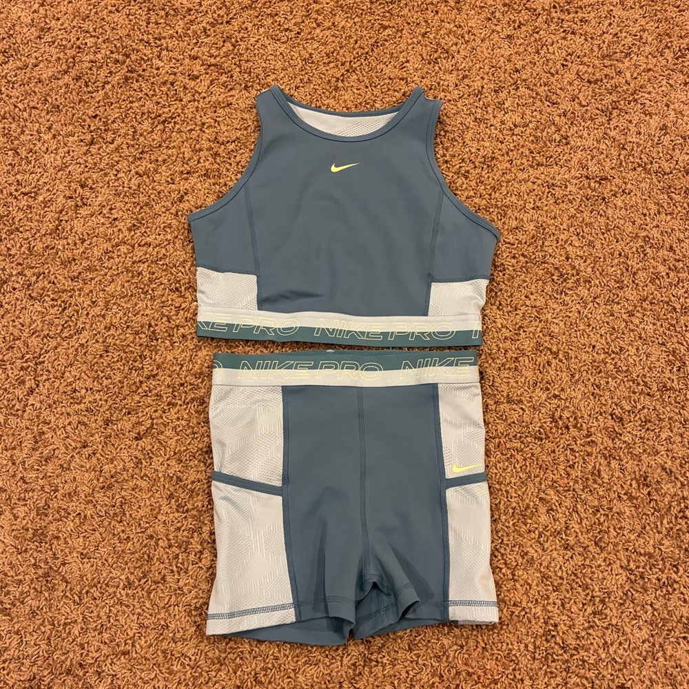 Nike Pro Crop Top & Shorts Set with Yellow Accents